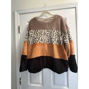 Entro Soft Fleece Sweater Sherpa Size Large Brown Stripe Animal Print